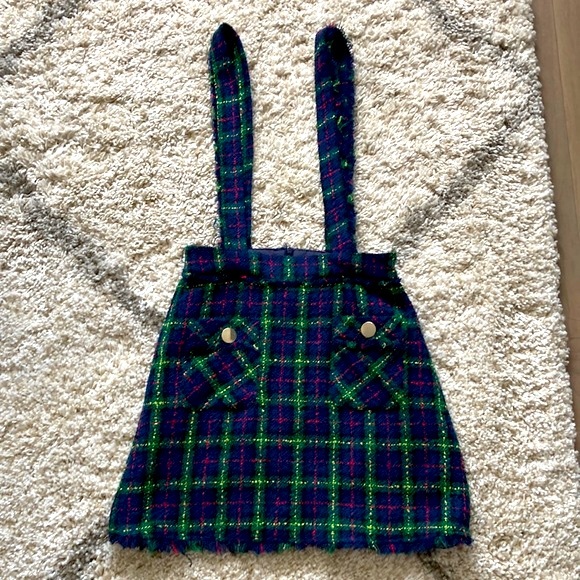 🎁Zara tweed green plaid strap skirt XS - Picture 4 of 8